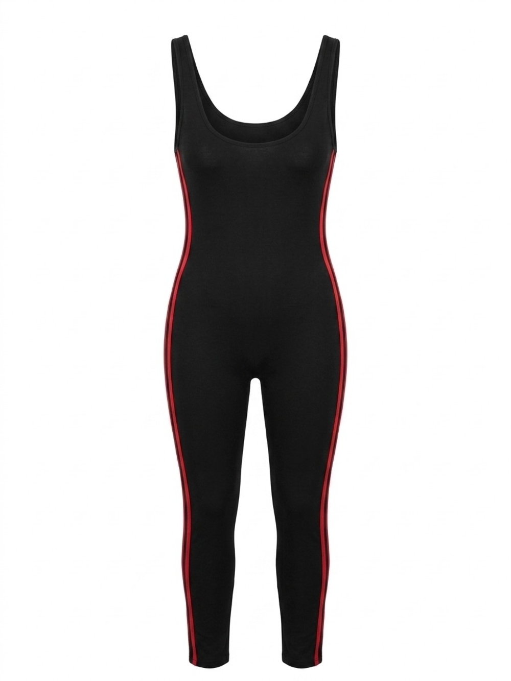 Black Side-Stripe Jumpsuit with Red Trim